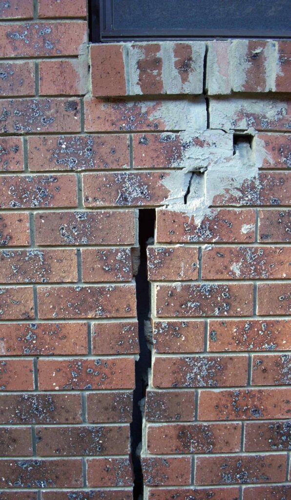 Cracked brickwork caused by foundation movement. Underpinning in Melbourne and Geelong.